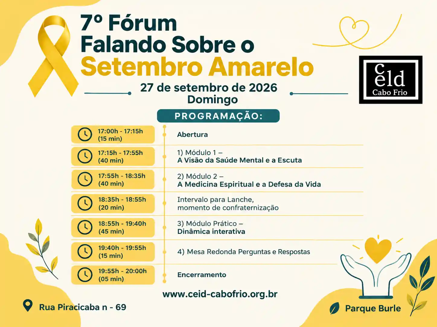 Panfleto do 7ª forum "Falando sobre o setembro amarelo" do celd cabo frio com data, hora e local